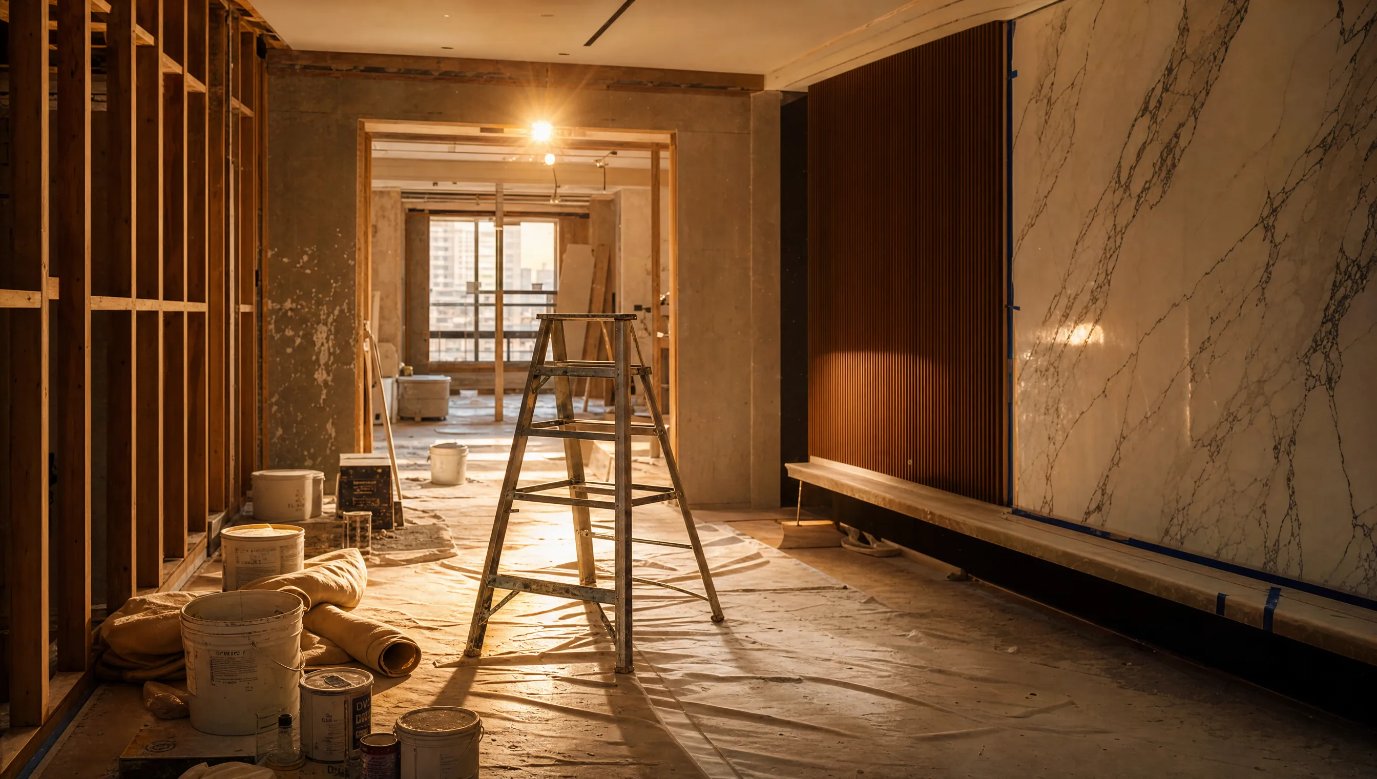 Appartement en rénovation — chantier, échelle, lumière