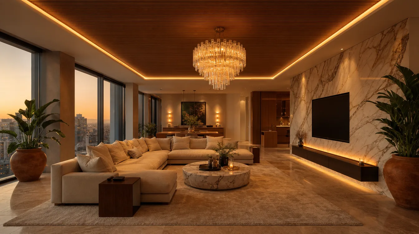 Salon de luxe terminé — canapé beige, lustre champagne